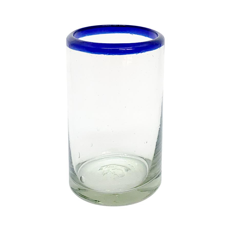 Wholesale MEXICAN GLASSWARE / Cobalt Blue Rim 9 oz Juice Glasses  / For those who enjoy fresh squeezed fruit juice in the morning, these small glasses are just the right size. Made from authentic recycled glass.